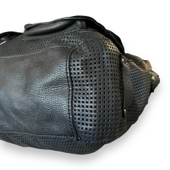 Linea Pelle Large Black Leather Perforated Zip Top Shoulder Bag Satchel Purse - Picture 8 of 11